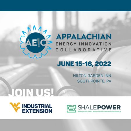 AEIC Appalachian Energy Innovation Collaborative. June 15 - 16, 2022. hilton Garden Inn, Southpointe, PA. WVUIE logo and ShalePower logo