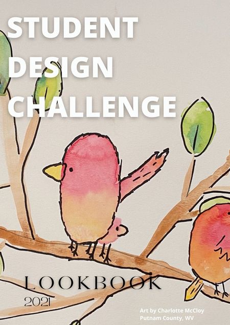 Studdent Design Challenge Lookbook graphic.  Watercolor painting of a bird sitting on a tree limb.  The colors used are primarily a soft pink, brown, and green.
